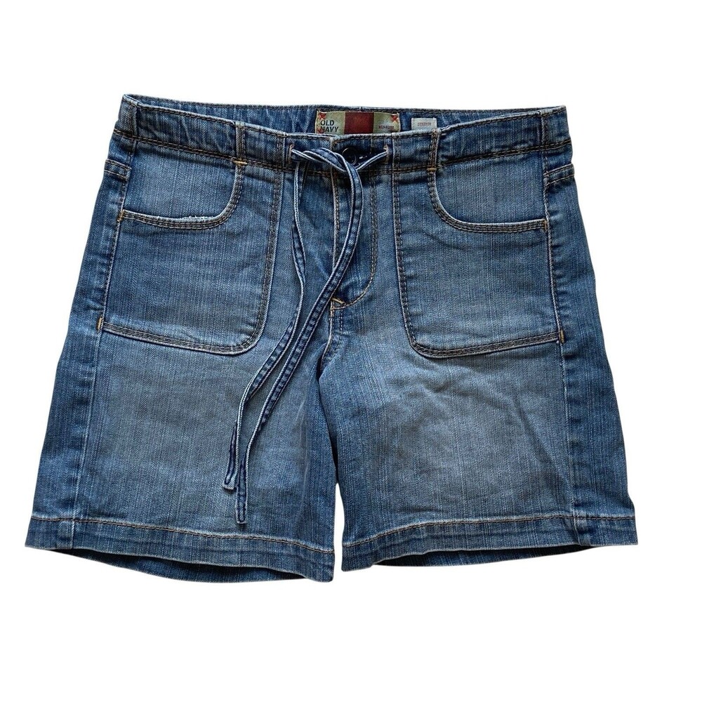 Vintage Y2K Old Navy Denim Shorts Jorts Size 1 Drawstring Square Pockets Stretch
